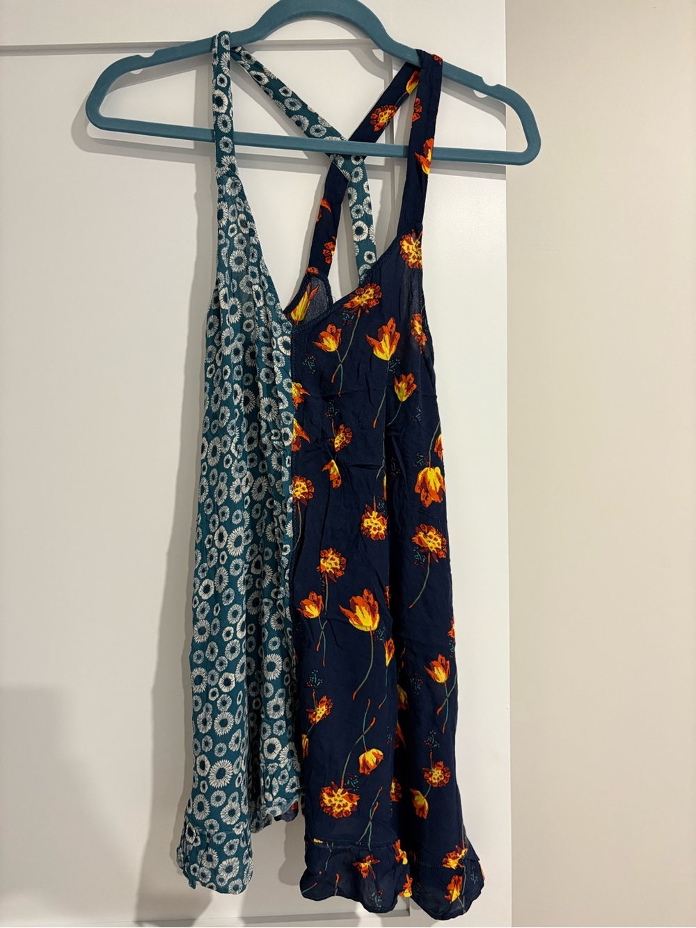 Free People Two Pattern Sundress - Teal Floral & Navy Tulip Print